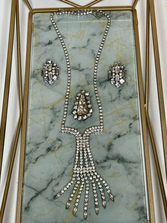 Unique Vintage Jewelry - Vintage Rhinestone Jewelry Set Necklace Brooch Earrings Bridal Prom Formal